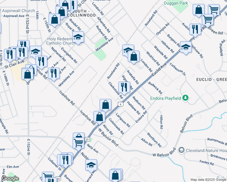 map of restaurants, bars, coffee shops, grocery stores, and more near 1749 Urbana Road in Cleveland