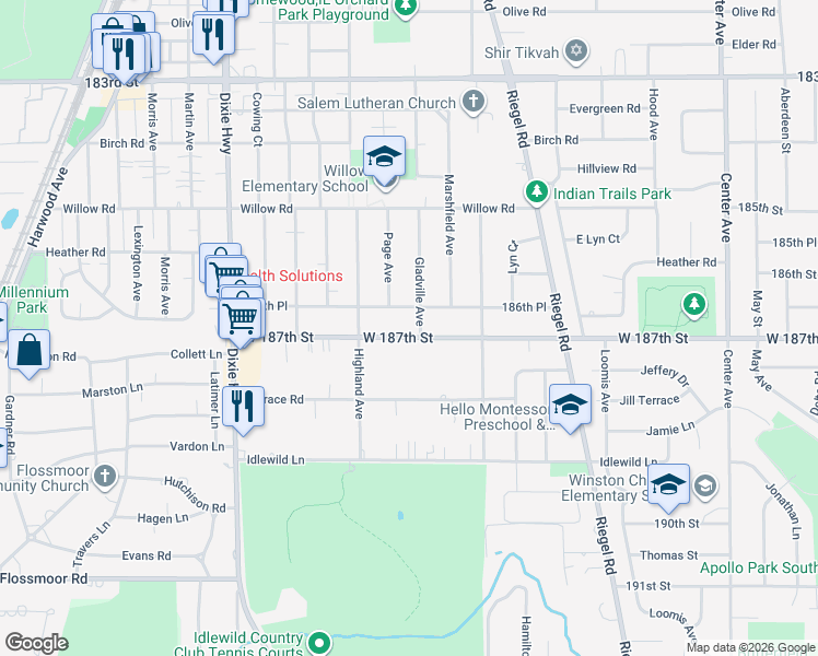 map of restaurants, bars, coffee shops, grocery stores, and more near 1718 West 187th Street in Homewood