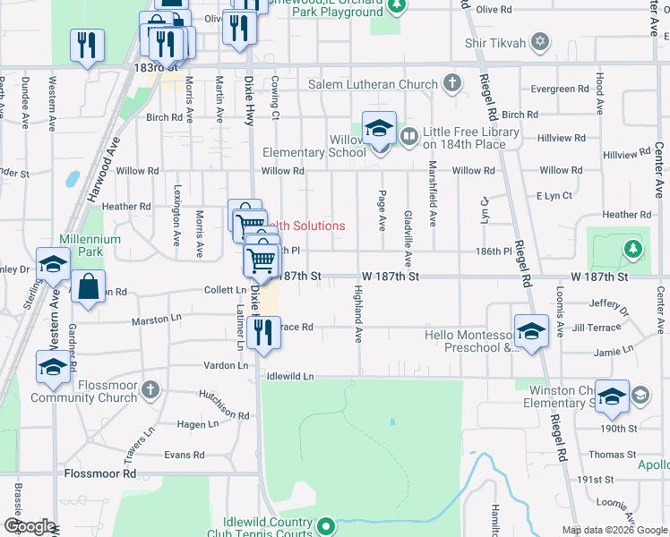 map of restaurants, bars, coffee shops, grocery stores, and more near 1832 West 187th Street in Homewood