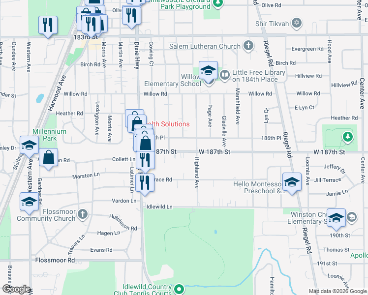 map of restaurants, bars, coffee shops, grocery stores, and more near 1832 West 187th Street in Homewood
