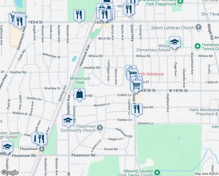 map of restaurants, bars, coffee shops, grocery stores, and more near 2137 Downey Road in Homewood