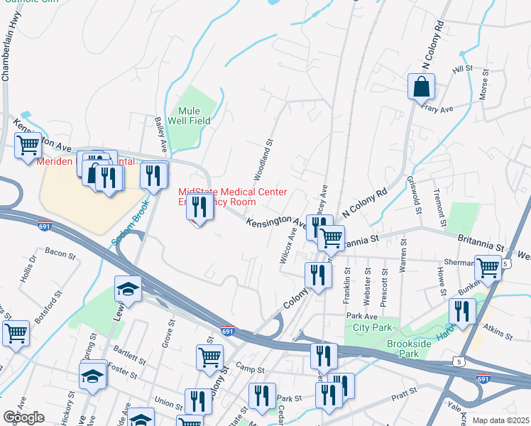map of restaurants, bars, coffee shops, grocery stores, and more near 36 Hubbard Street in Meriden