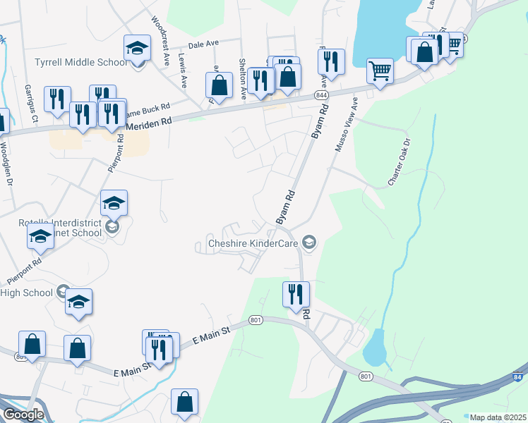 map of restaurants, bars, coffee shops, grocery stores, and more near 357 Hitchcock Road in Waterbury