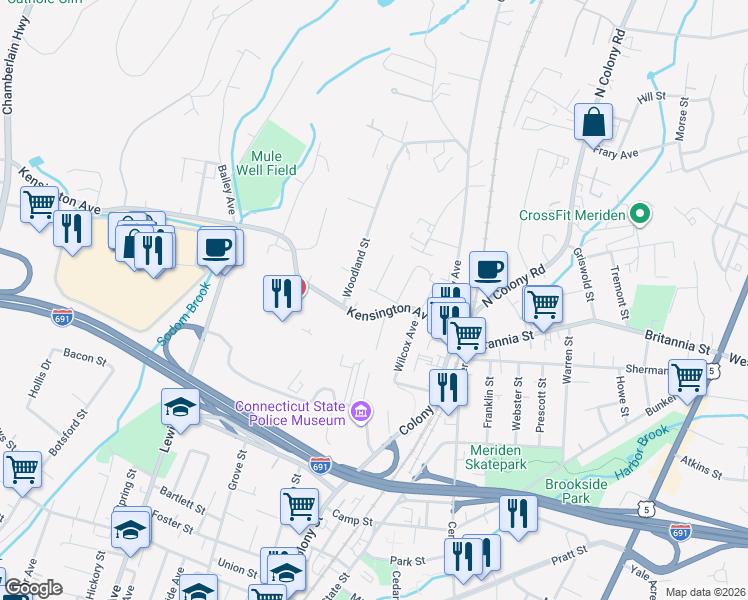 map of restaurants, bars, coffee shops, grocery stores, and more near 85 Kensington Avenue in Meriden