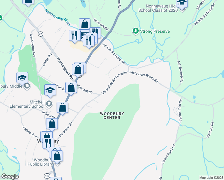 map of restaurants, bars, coffee shops, grocery stores, and more near 18 Old Middle Road Turnpike in Woodbury