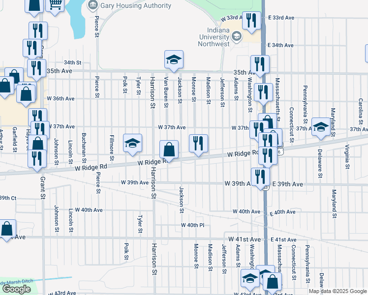 map of restaurants, bars, coffee shops, grocery stores, and more near 3771 Jackson Street in Gary