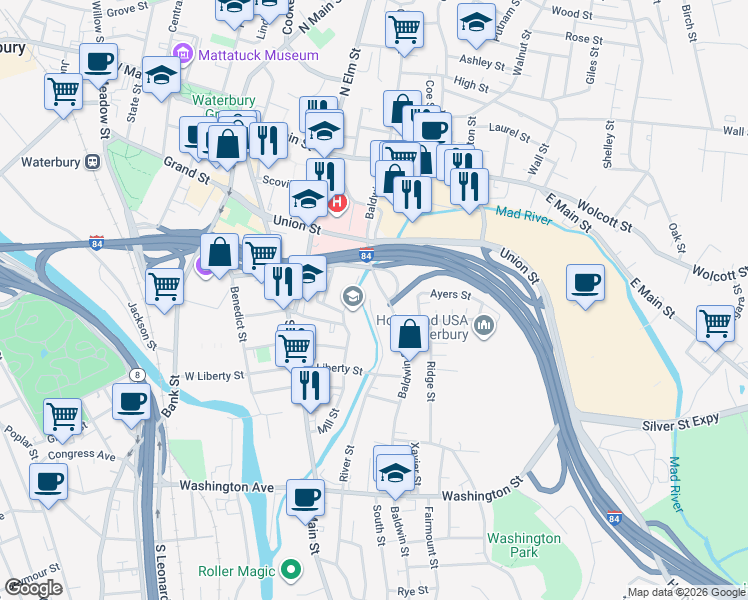 map of restaurants, bars, coffee shops, grocery stores, and more near 51 River Street in Waterbury