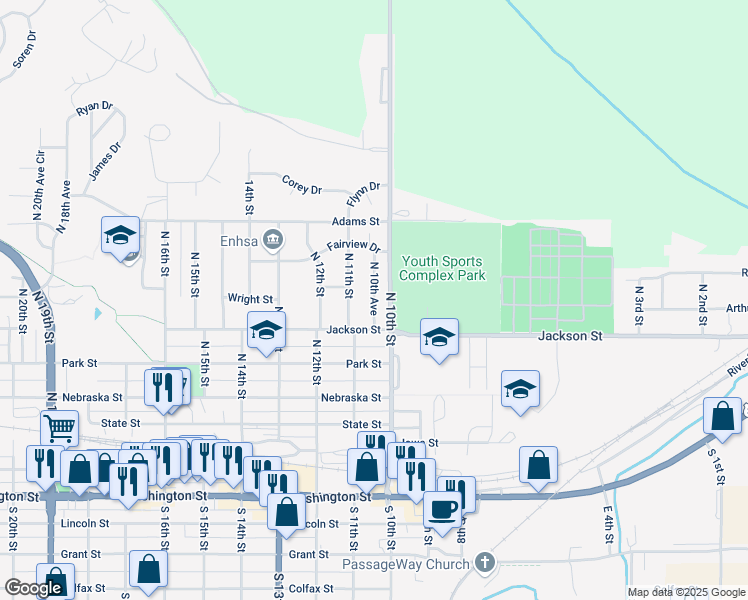 map of restaurants, bars, coffee shops, grocery stores, and more near 653 North 10th Avenue in Blair