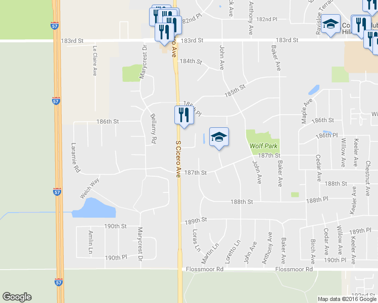 map of restaurants, bars, coffee shops, grocery stores, and more near 4731 186th Pl in Country Club Hills