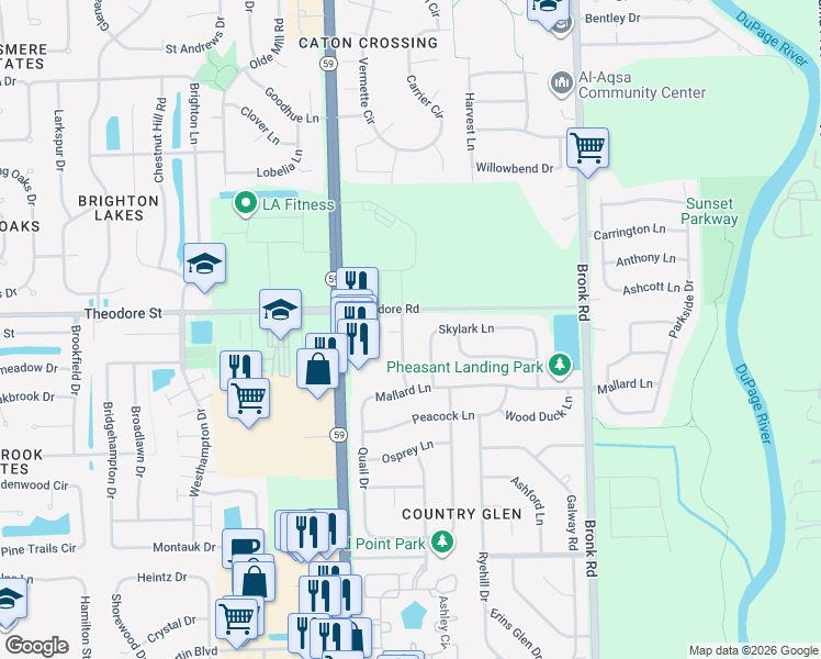 map of restaurants, bars, coffee shops, grocery stores, and more near 1514 Pheasant Landing Drive in Plainfield