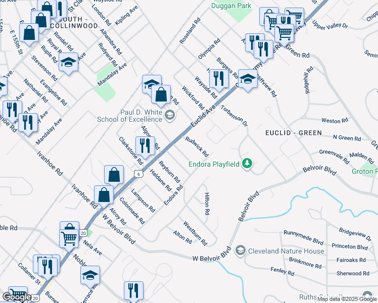 map of restaurants, bars, coffee shops, grocery stores, and more near 1842 Rudwick Road in Cleveland