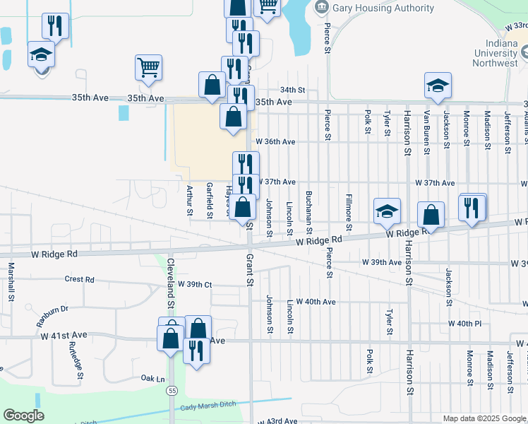 map of restaurants, bars, coffee shops, grocery stores, and more near 3777 Grant Street in Gary