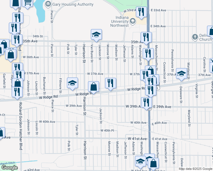 map of restaurants, bars, coffee shops, grocery stores, and more near 3770 Monroe Street in Gary