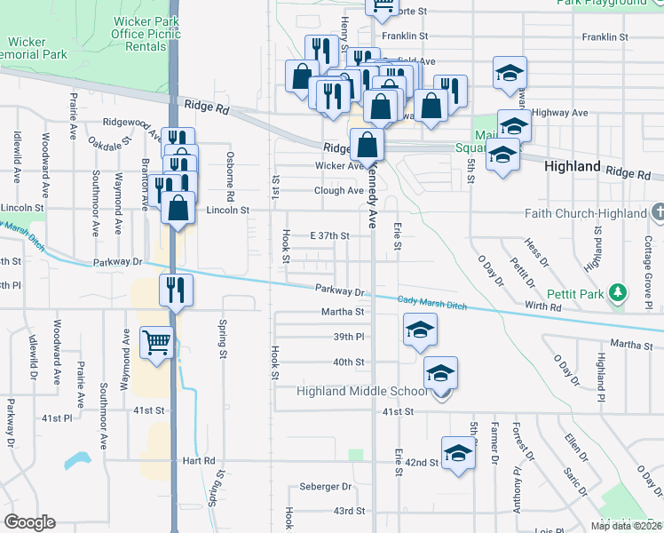 map of restaurants, bars, coffee shops, grocery stores, and more near 2708 38th Street in Highland