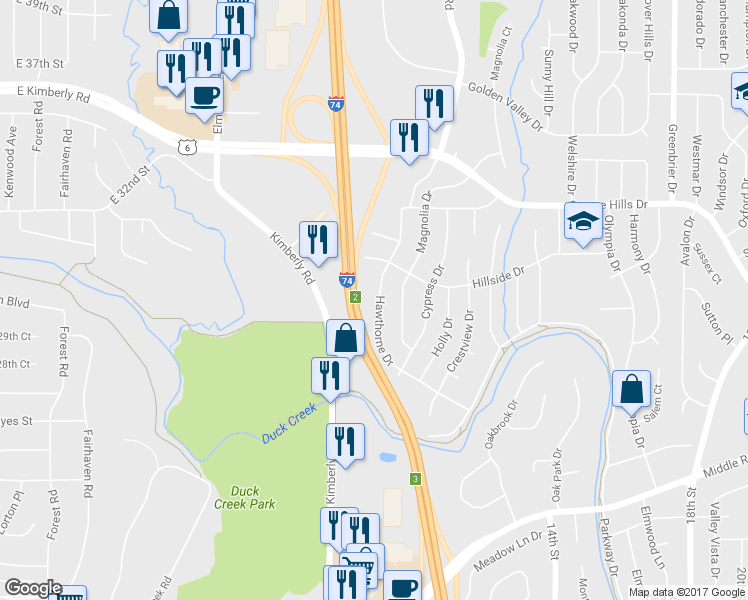 map of restaurants, bars, coffee shops, grocery stores, and more near 2704 Hawthorne Drive in Bettendorf