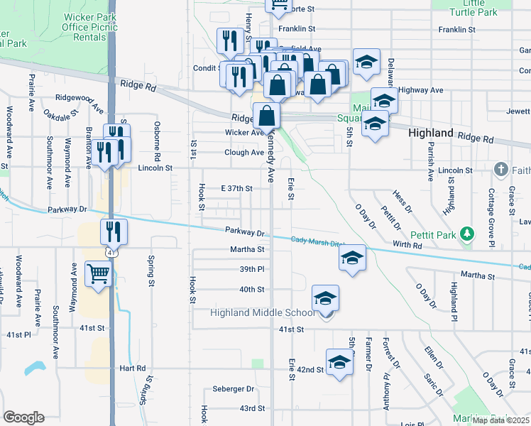 map of restaurants, bars, coffee shops, grocery stores, and more near 9006 Kennedy Ave in Highland