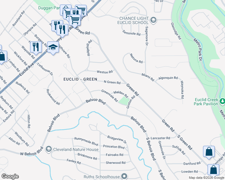 map of restaurants, bars, coffee shops, grocery stores, and more near 2387 Malden Road in Cleveland