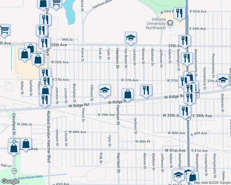 map of restaurants, bars, coffee shops, grocery stores, and more near 3772 Harrison St in Gary