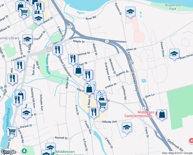 map of restaurants, bars, coffee shops, grocery stores, and more near 24 Wall Street in Middletown