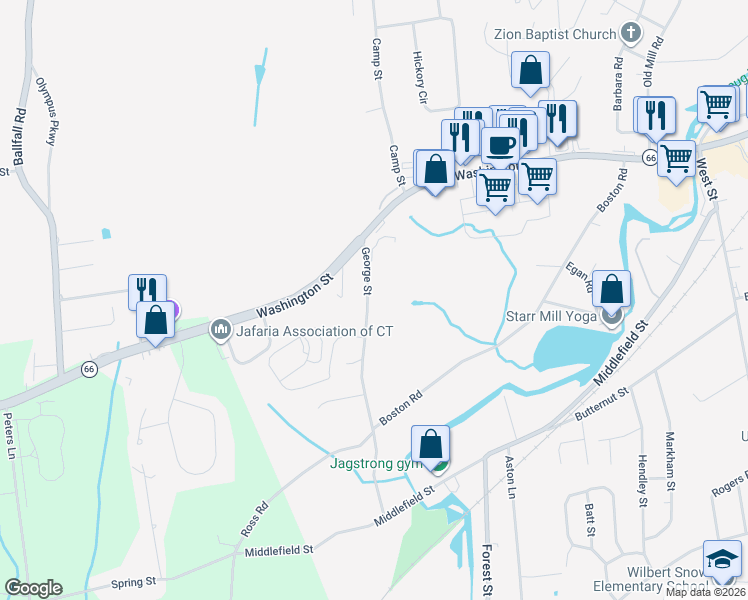 map of restaurants, bars, coffee shops, grocery stores, and more near 264 George Street in Middletown