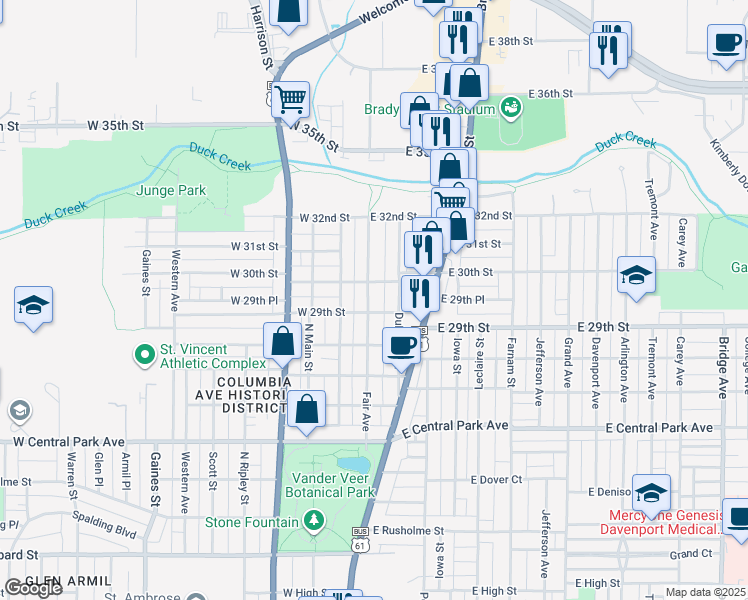 map of restaurants, bars, coffee shops, grocery stores, and more near 2909 Fair Avenue in Davenport