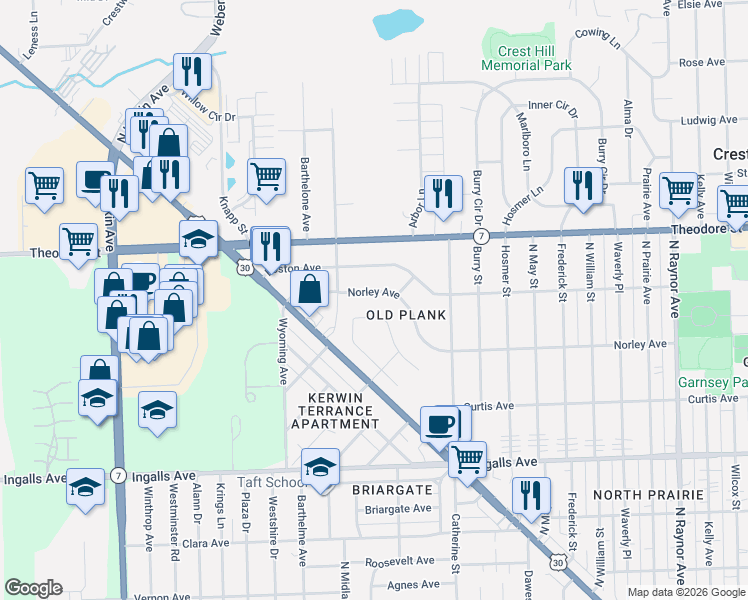 map of restaurants, bars, coffee shops, grocery stores, and more near 1302 Norley Avenue in Joliet