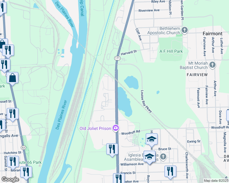 map of restaurants, bars, coffee shops, grocery stores, and more near 1329 Collins Street in Joliet