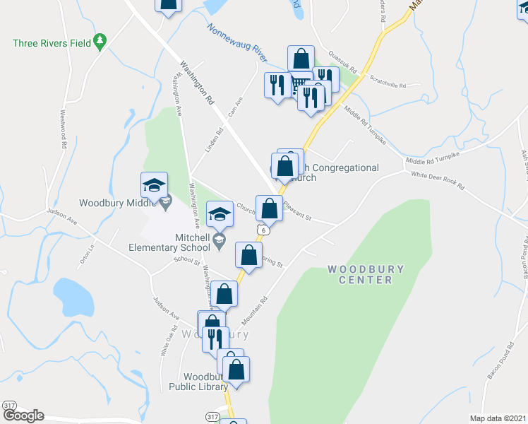 map of restaurants, bars, coffee shops, grocery stores, and more near 4 Church Street in Woodbury