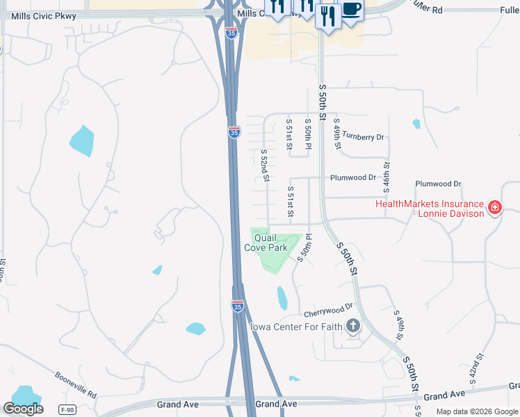 map of restaurants, bars, coffee shops, grocery stores, and more near 1400 South 52nd Street in West Des Moines