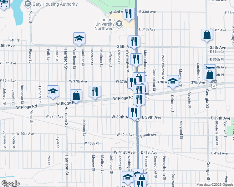 map of restaurants, bars, coffee shops, grocery stores, and more near 3764 Adams Street in Gary