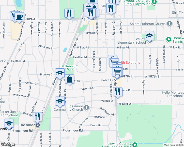 map of restaurants, bars, coffee shops, grocery stores, and more near 2141 Downey Road in Homewood