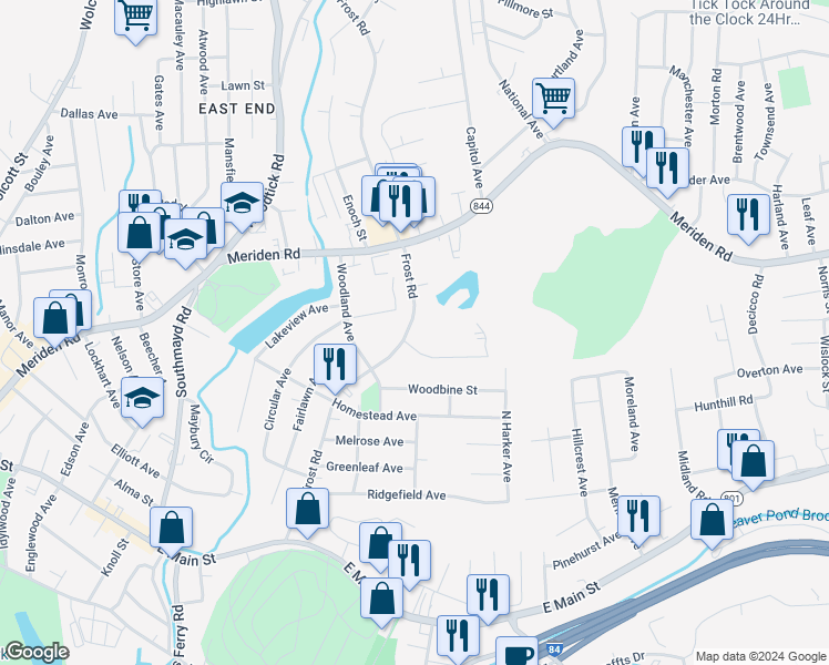 map of restaurants, bars, coffee shops, grocery stores, and more near 364 Frost Road in Waterbury
