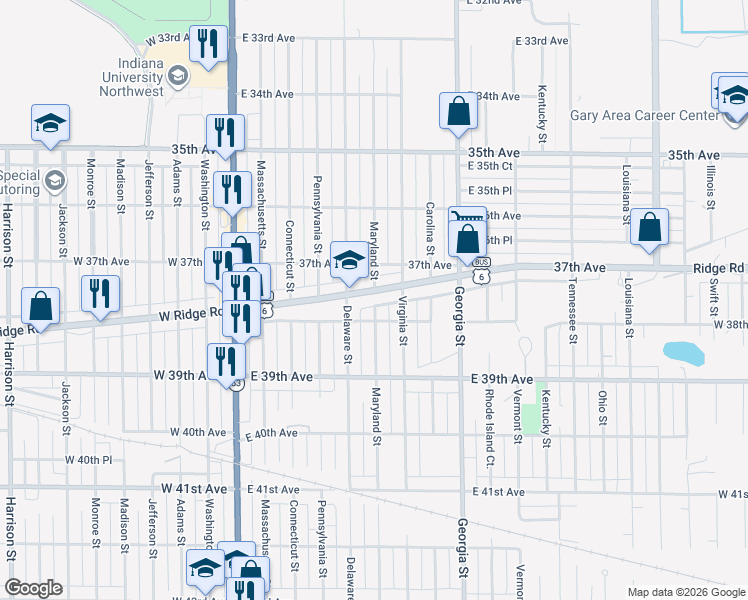 map of restaurants, bars, coffee shops, grocery stores, and more near 509 East Ridge Road in Gary