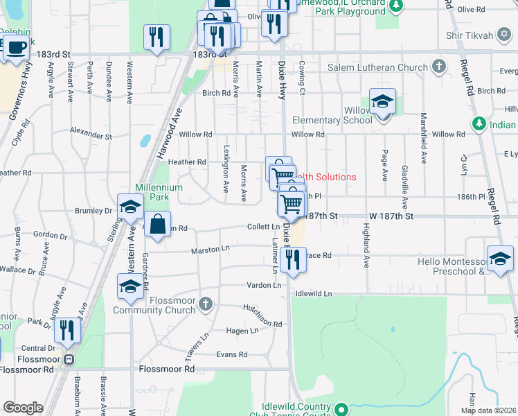 map of restaurants, bars, coffee shops, grocery stores, and more near 2063 Downey Road in Homewood
