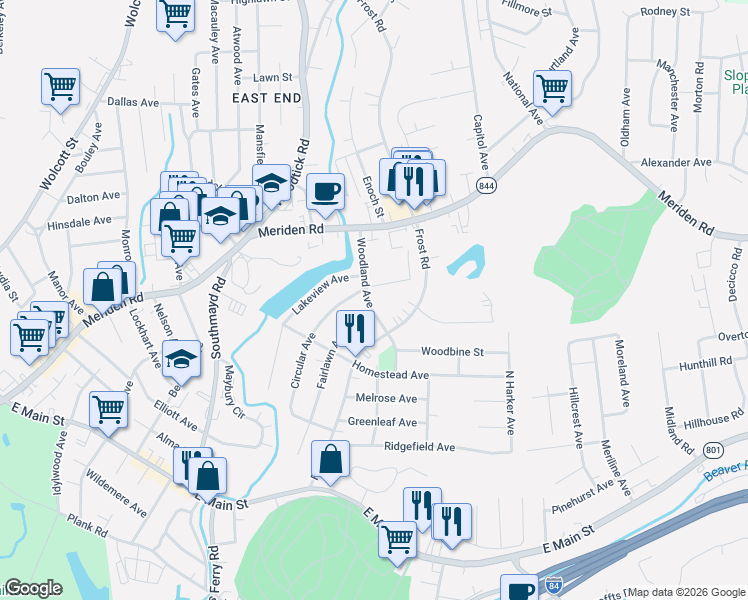 map of restaurants, bars, coffee shops, grocery stores, and more near 111 Woodland Avenue in Waterbury