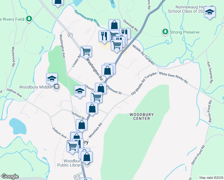 map of restaurants, bars, coffee shops, grocery stores, and more near 15 Pleasant Street in Woodbury