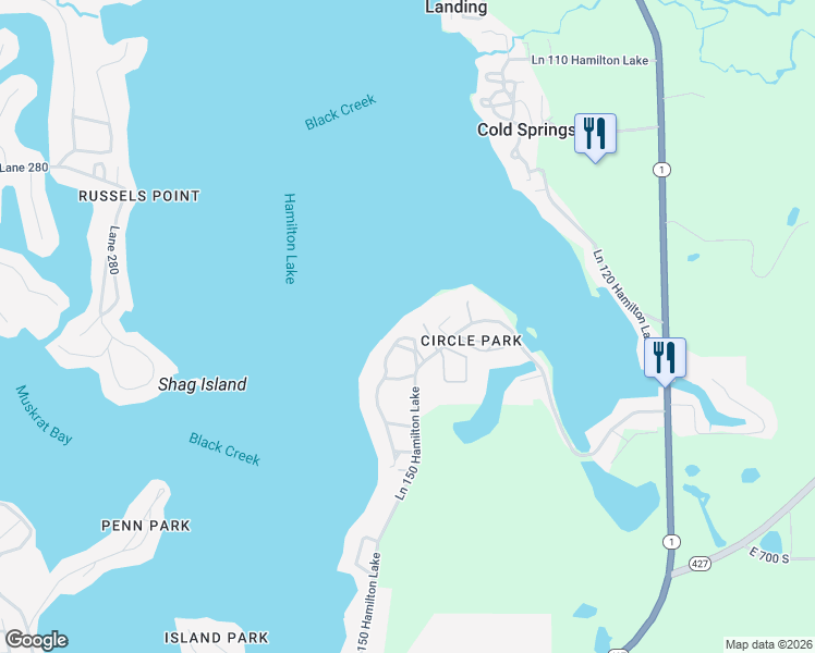 map of restaurants, bars, coffee shops, grocery stores, and more near 80 Ln 150H Hamilton Lake in Hamilton