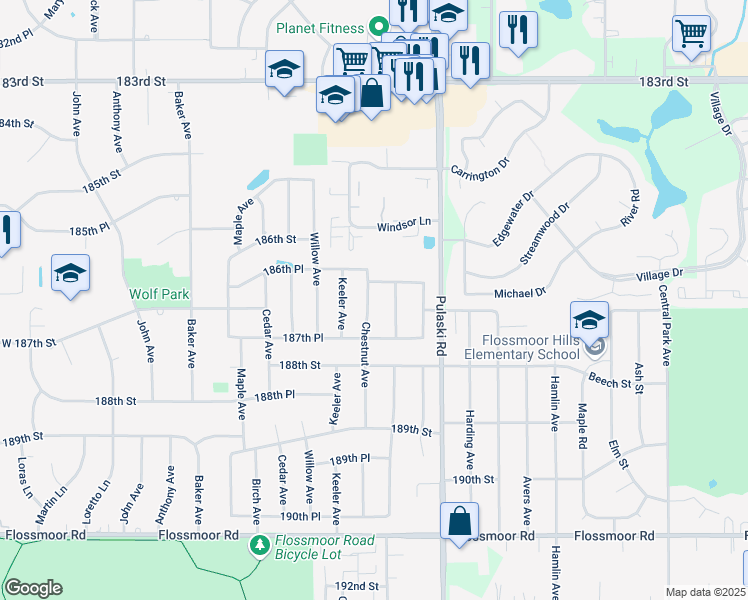 map of restaurants, bars, coffee shops, grocery stores, and more near 18649 Chestnut Avenue in Country Club Hills
