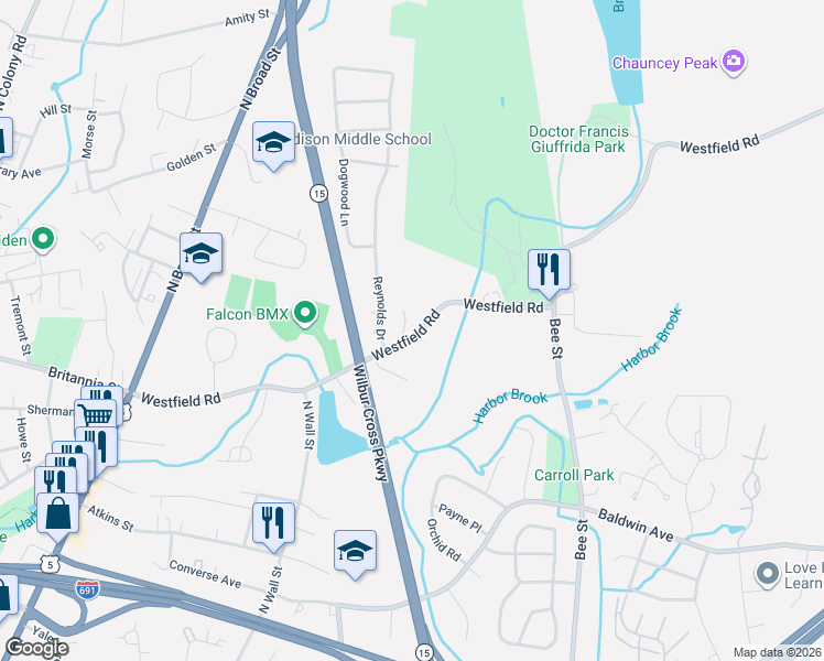 map of restaurants, bars, coffee shops, grocery stores, and more near 320 Westfield Road in Meriden