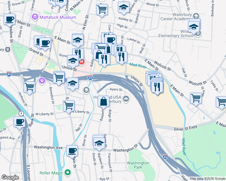 map of restaurants, bars, coffee shops, grocery stores, and more near 18 Brennan Place in Waterbury