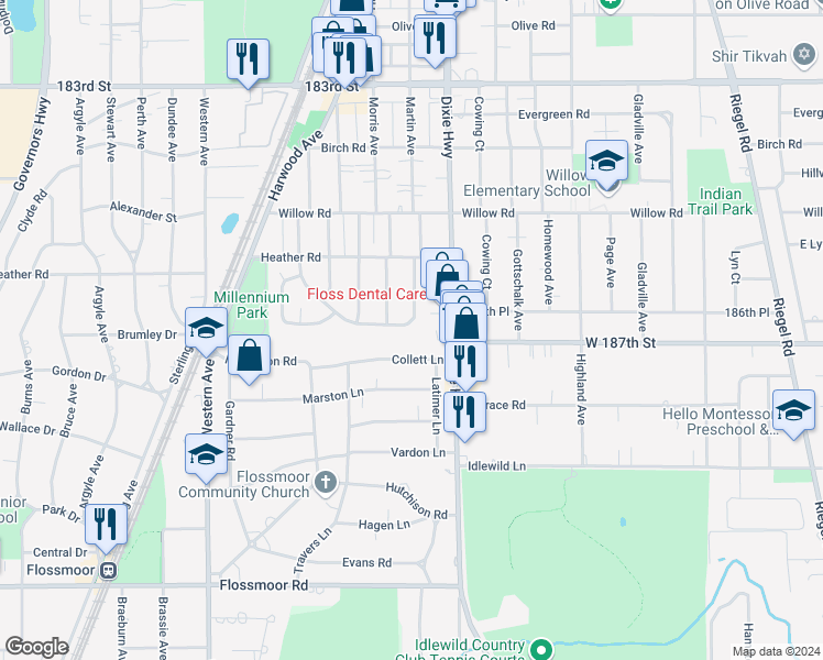 map of restaurants, bars, coffee shops, grocery stores, and more near 2063 Downey Road in Homewood