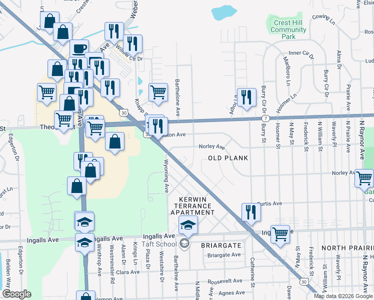 map of restaurants, bars, coffee shops, grocery stores, and more near 1416 Cleary Avenue in Joliet