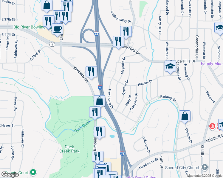 map of restaurants, bars, coffee shops, grocery stores, and more near 2704 Hawthorne Drive in Bettendorf
