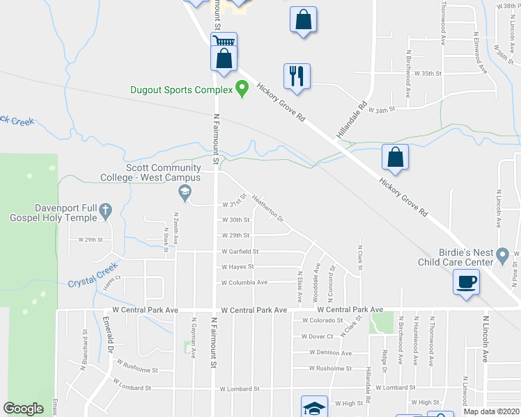 map of restaurants, bars, coffee shops, grocery stores, and more near 3015 North Michigan Avenue in Davenport