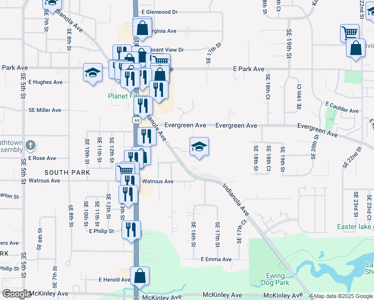 map of restaurants, bars, coffee shops, grocery stores, and more near 3721 Indianola Avenue in Des Moines