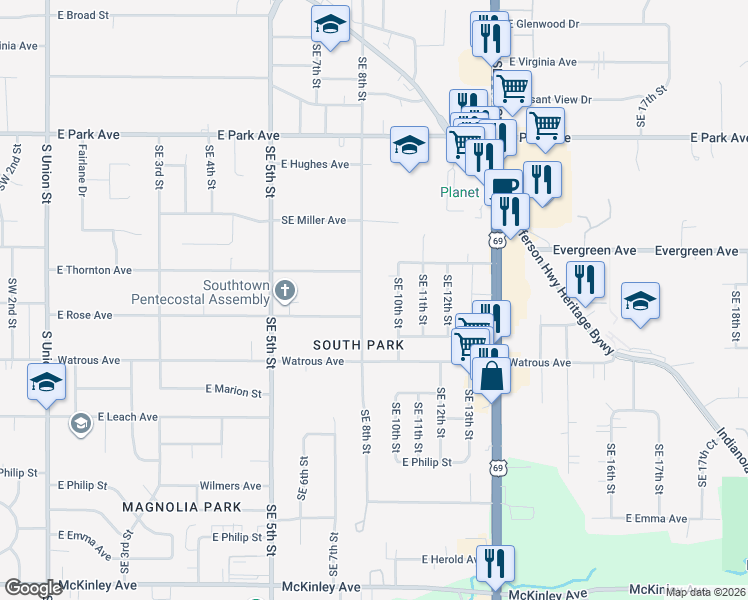 map of restaurants, bars, coffee shops, grocery stores, and more near 3728 Southeast 10th Street in Des Moines