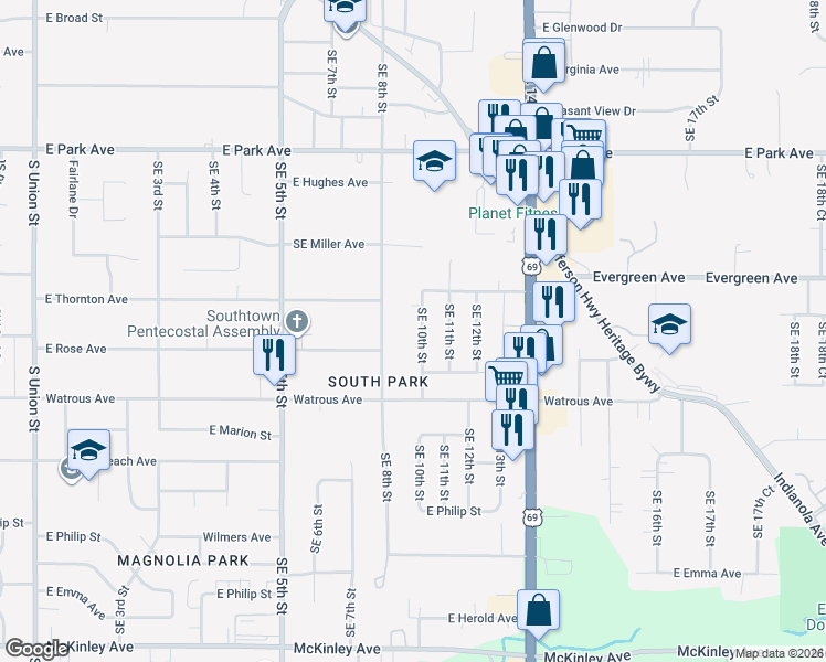map of restaurants, bars, coffee shops, grocery stores, and more near 3728 Southeast 10th Street in Des Moines