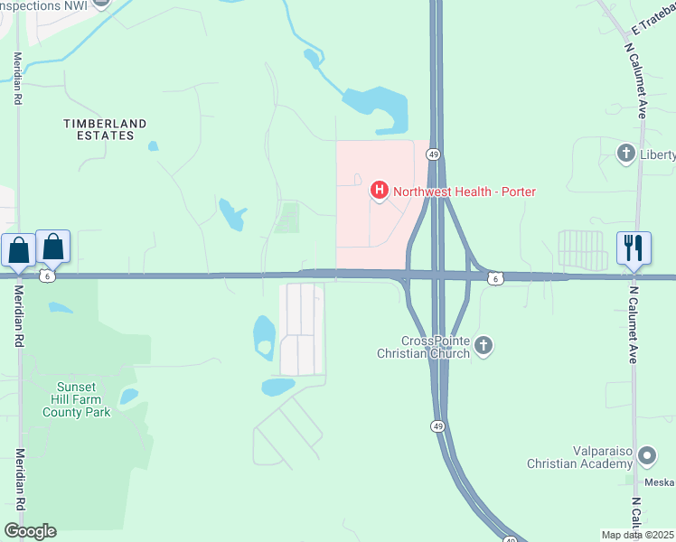 map of restaurants, bars, coffee shops, grocery stores, and more near 76 East U.S. Highway 6 in Valparaiso