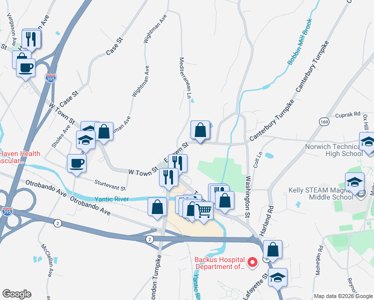 map of restaurants, bars, coffee shops, grocery stores, and more near 4 Elm Avenue in Norwich
