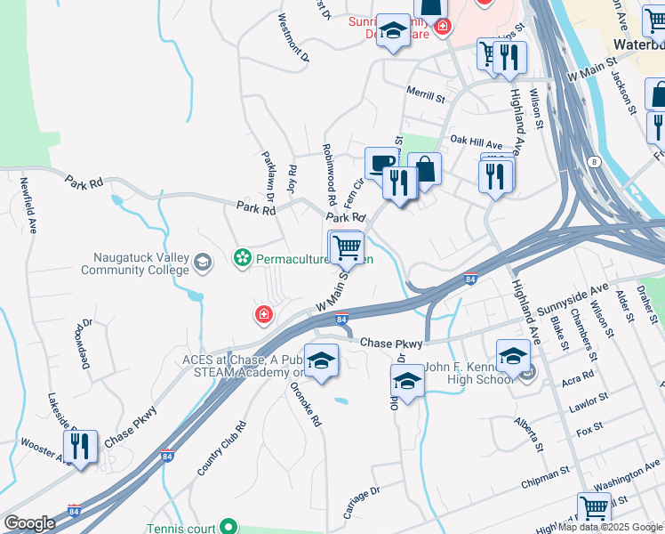 map of restaurants, bars, coffee shops, grocery stores, and more near 1374 West Main Street in Waterbury